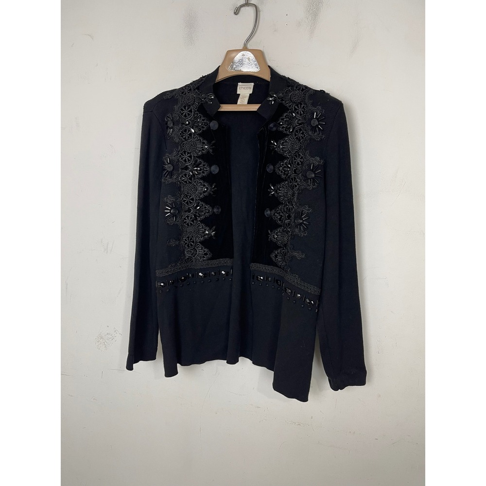 Chicos Black Beaded Lace Velvet Open Front‎ Cardigan Sweater Petite 3P - Picture 2 of 11